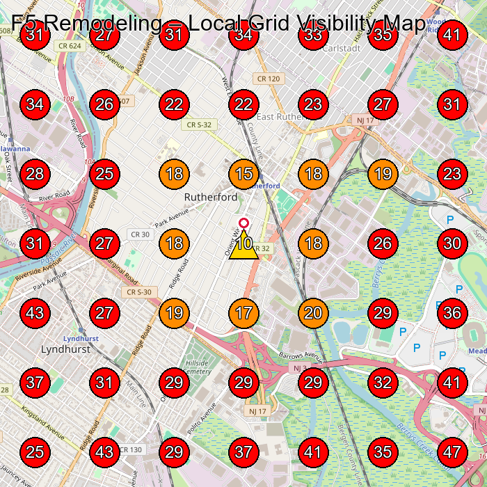F5 Remodeling GeoGrid visibility map for Roofing Contractor in East Rutherford